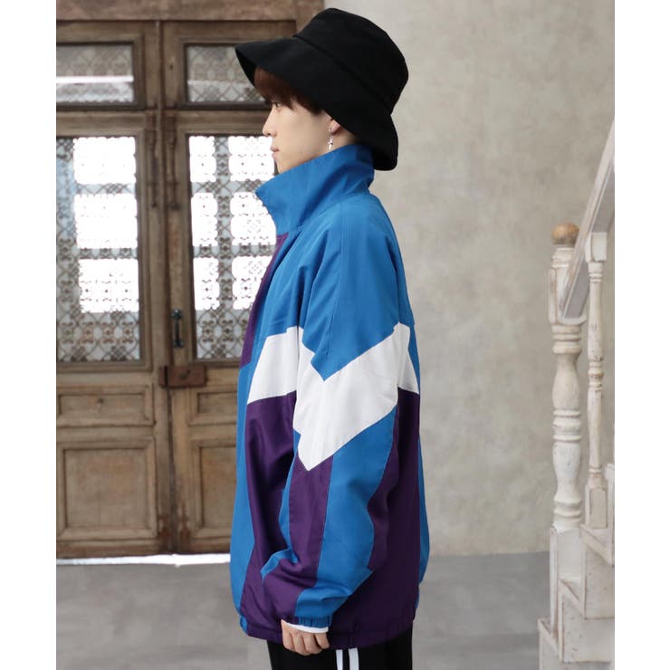 【XL】レトロ ナイロンジャケット ブルー ブラック  オーバーサイズ