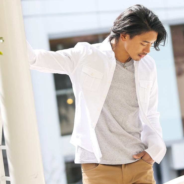 ◇綿麻ストレッチオックスワイドカラーミリタリーシャツ◇[品番