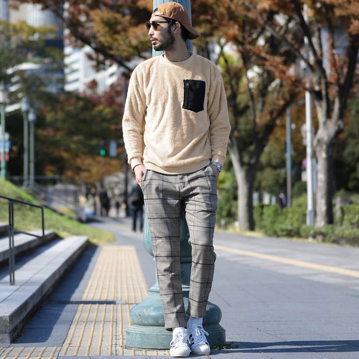 モコモコ ボア トレーナー 冬服 定番◇ボアポケット付クルーネック
