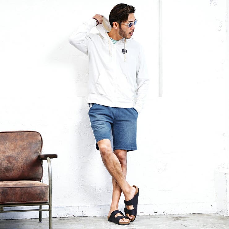 ショートパンツ メンズ 夏服 韓国◇ラインインディゴ裏毛ショーツ
