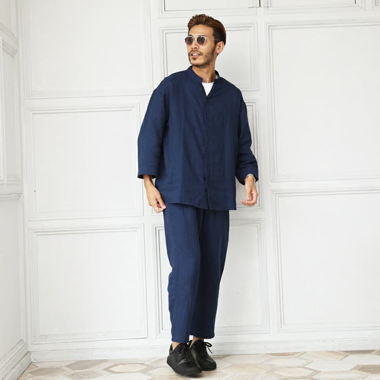 セットアップ メンズ 秋 服 韓国◇Wガーゼ7分袖セットアップ
