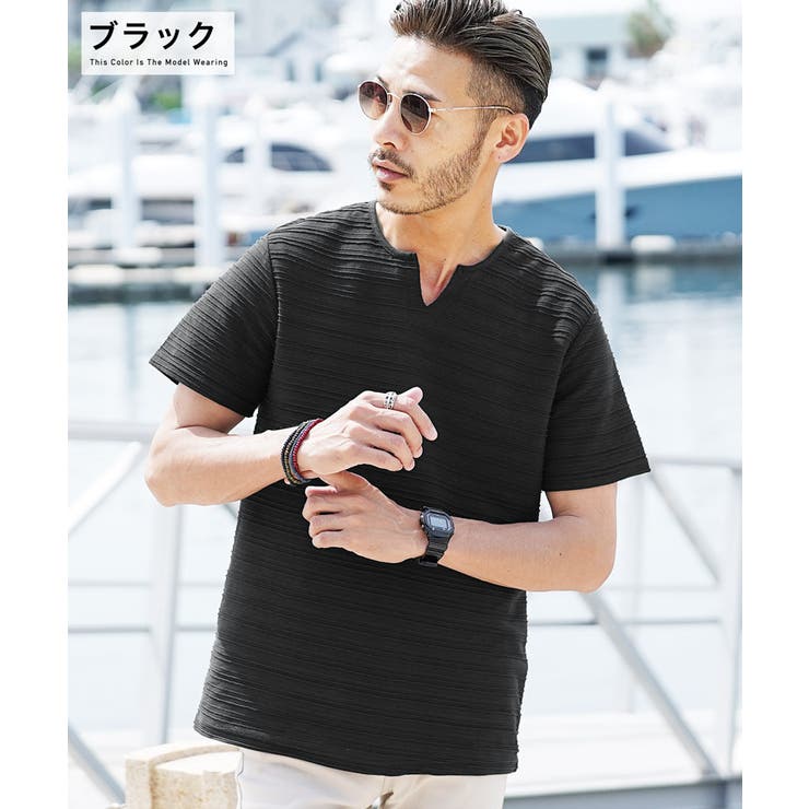 Tシャツ メンズ 半袖 韓国 夏服◇接触冷感タックキーネックTシャツ