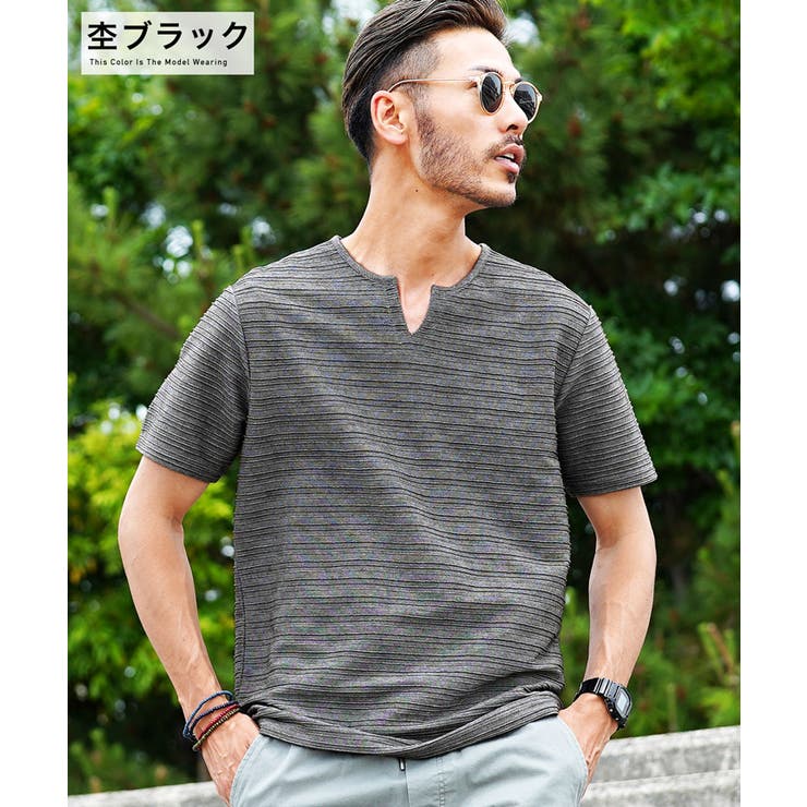 Tシャツ メンズ 半袖 韓国 夏服◇接触冷感タックキーネックTシャツ