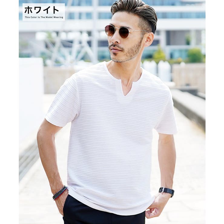 Tシャツ メンズ 半袖 韓国 夏服◇接触冷感タックキーネックTシャツ