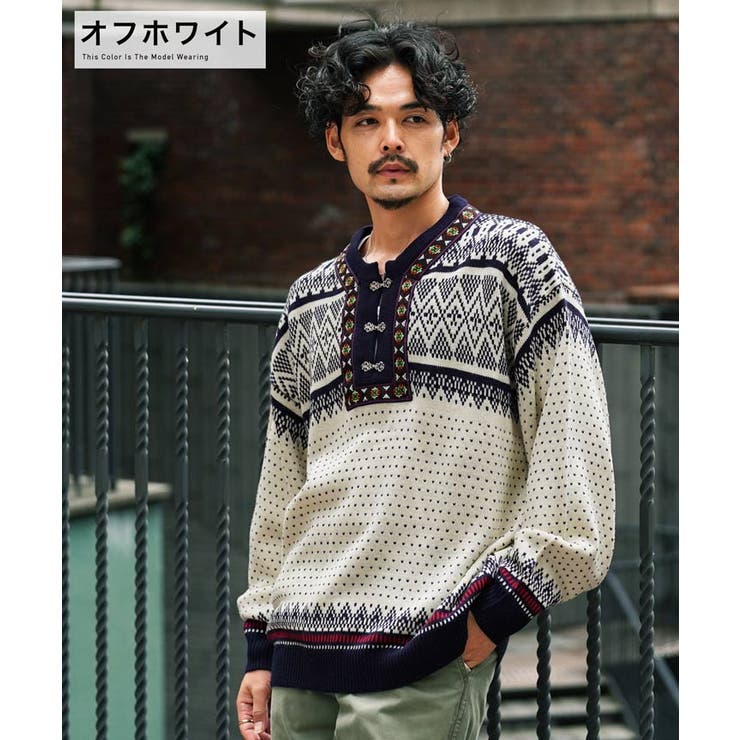 よく見る「芸能人が愛用 ◇ノルディックジャガードキーネックニット◇[品番：JG000013592 トップス