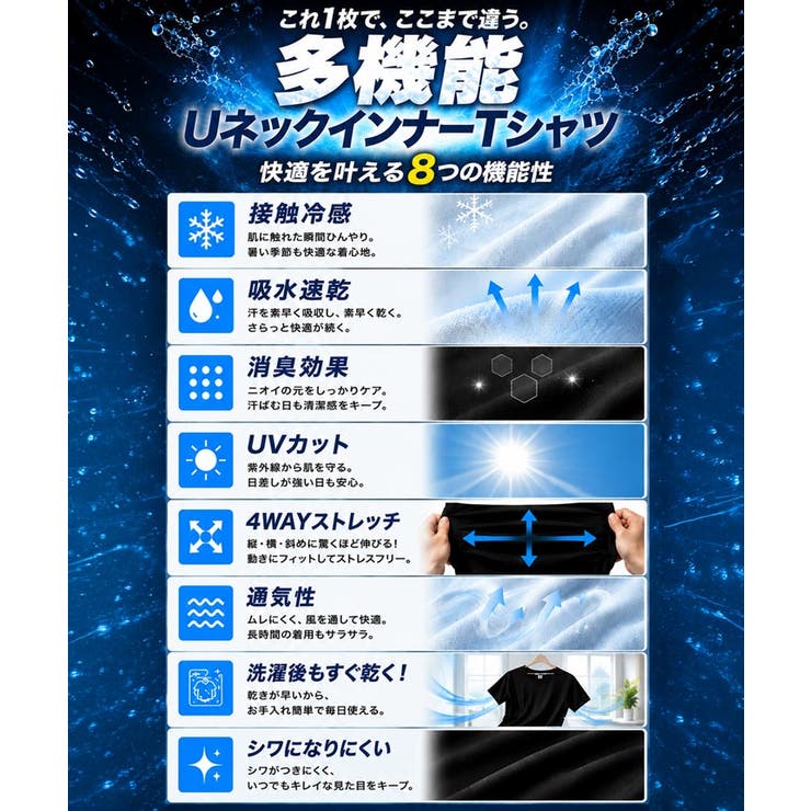 接触冷感 速乾 消臭 ストレッチ インナーTシャツ メンズ Uネック 肌着 | JIGGYS SHOP | 詳細画像3 