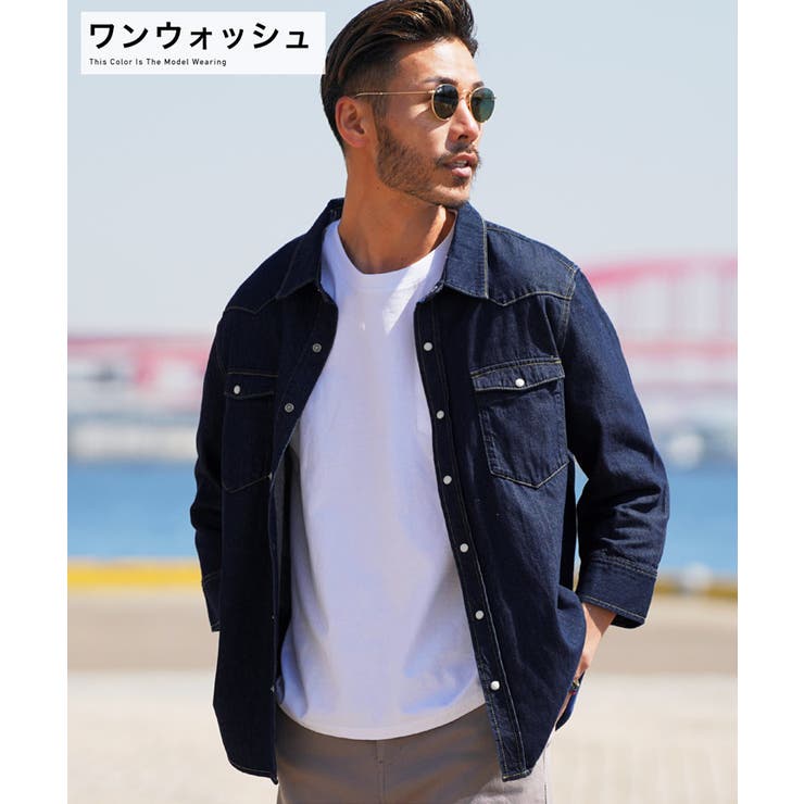 ◇7分袖 デニムシャツ◇長袖シャツ メンズ[品番：JG000013827]｜JIGGYS