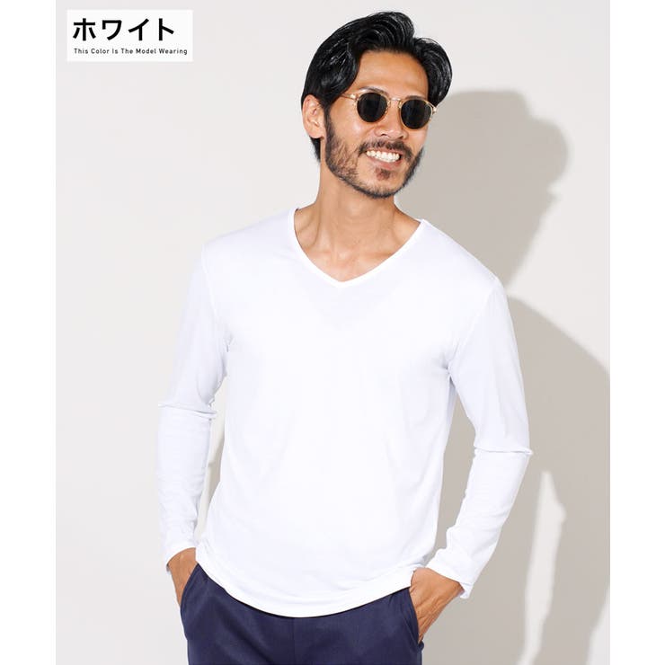 ホワイト | ◆ストレッチVネック無地長袖Tシャツ◆ロンT メンズ Tシャツ | JIGGYS SHOP