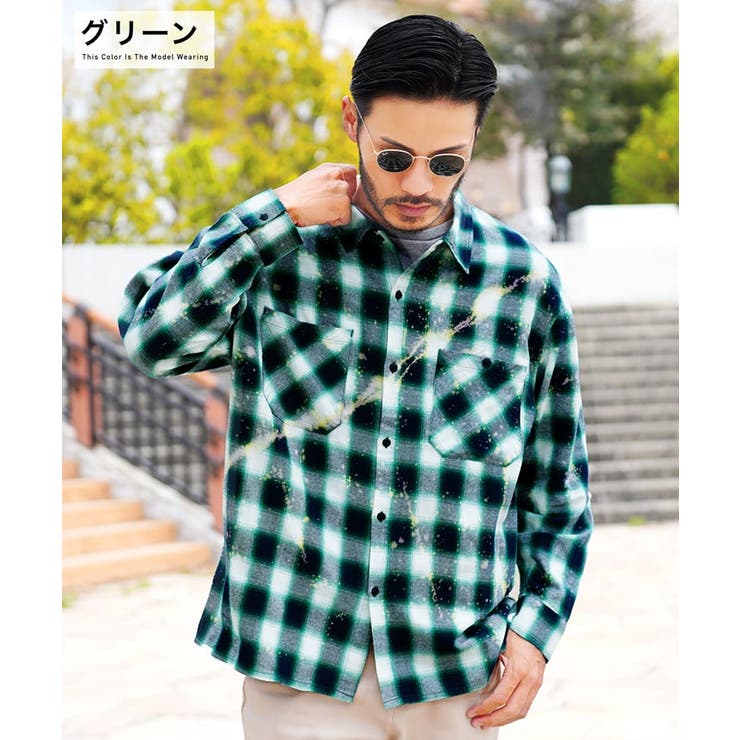 ◇ブリーチ加工 オンブレチェックシャツ◇長袖シャツ メンズ[品番