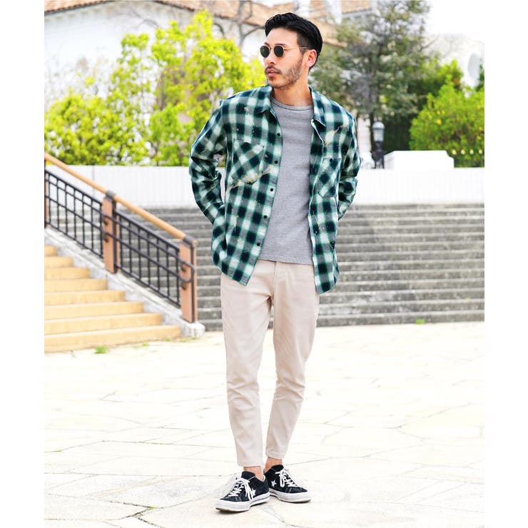 ◇ブリーチ加工 オンブレチェックシャツ◇長袖シャツ メンズ[品番