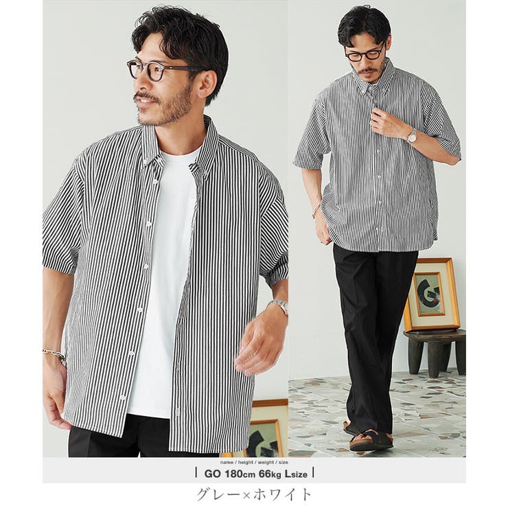 ストライプシャツ 半袖シャツ メンズ[品番：JG000014502