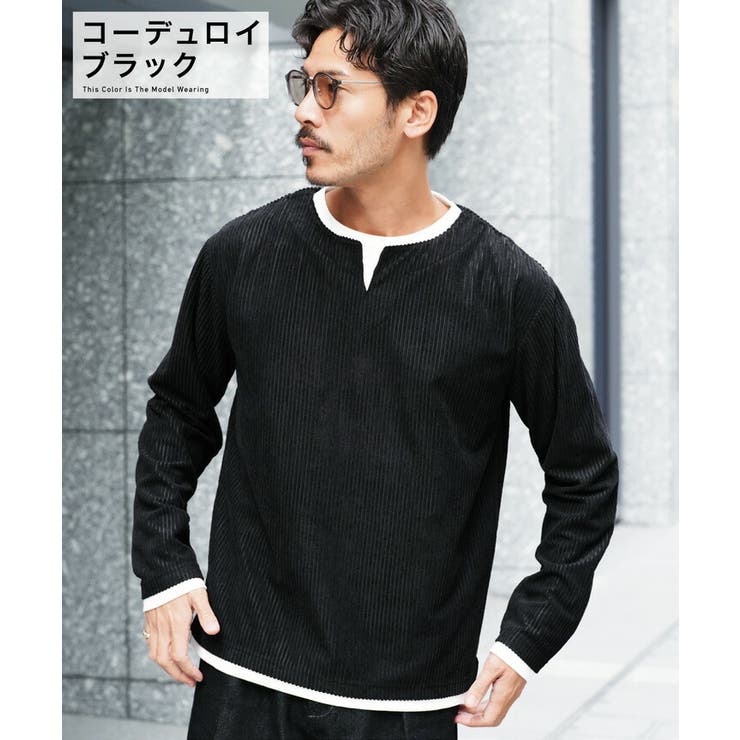 コーデュロイブラック | ◆ジオメトリックジャガード フェイクレイヤード キーネックロンT◆ジャガード | JIGGYS SHOP