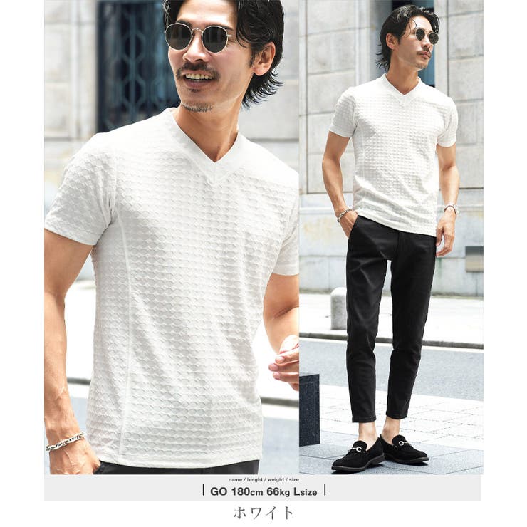 ホワイト | 半袖Tシャツ Ｖネック ダイヤジャガードＴシャツ | JIGGYS SHOP