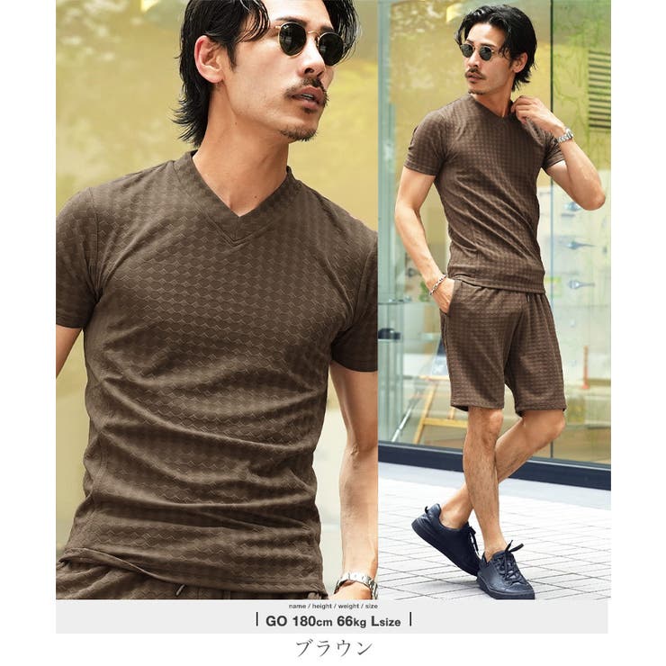 ブラウン | 半袖Tシャツ Ｖネック ダイヤジャガードＴシャツ | JIGGYS SHOP