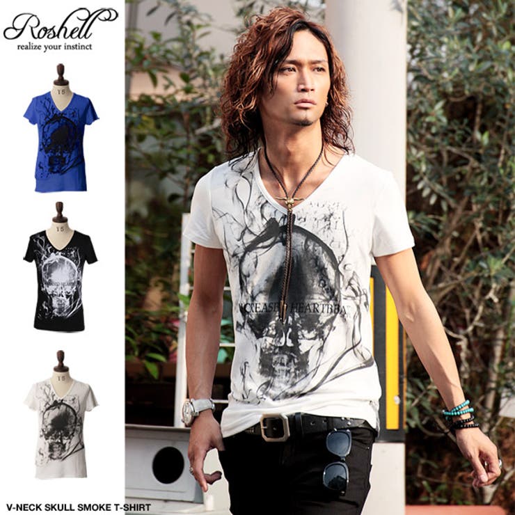 ◇Roshell Vネックスカルスモーク半袖Tシャツ◇お兄系 Men[品番 