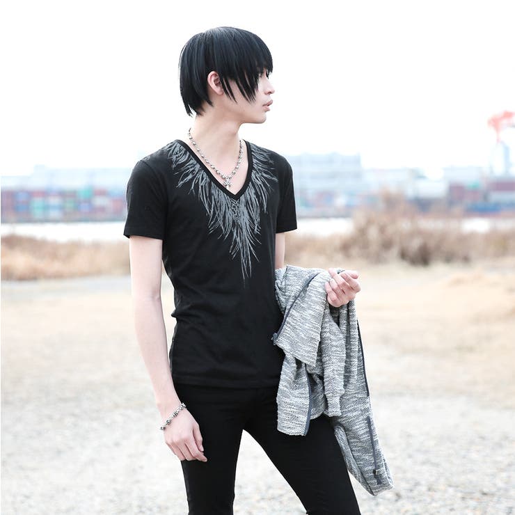 ◇SEANA(シーナ) ディープVフェザープリントTシャツ◇Tシャツ 半袖 