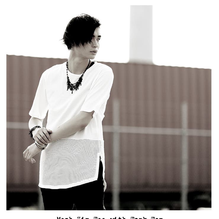 ◇SEANA メッシュ切替裾ZIPロング丈Tシャツ×タンクトップ◇T