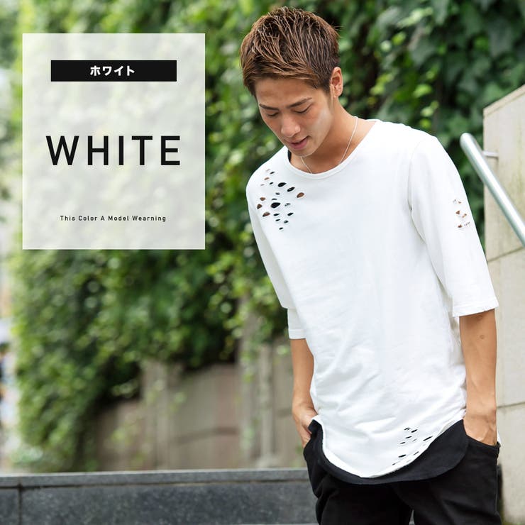 ◇ダメージ加工ロング丈6分袖Tシャツ◇六分袖 Tシャツ メンズ