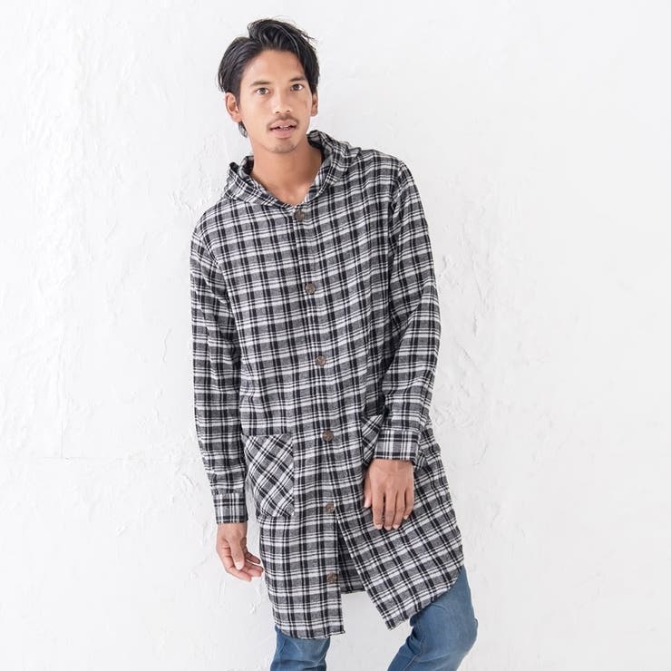 45R 撚り杢ネルの908シャツ 2 ロングシャツ ユニセックス 45rpm クラシックフロントストライプロングシャツ|ネイビー×ホワイト - Daja