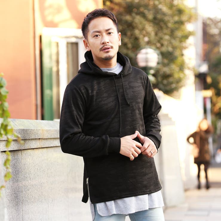 ◇サイドZIP迷彩柄プルパーカー◇パーカー メンズ パーカ[品番