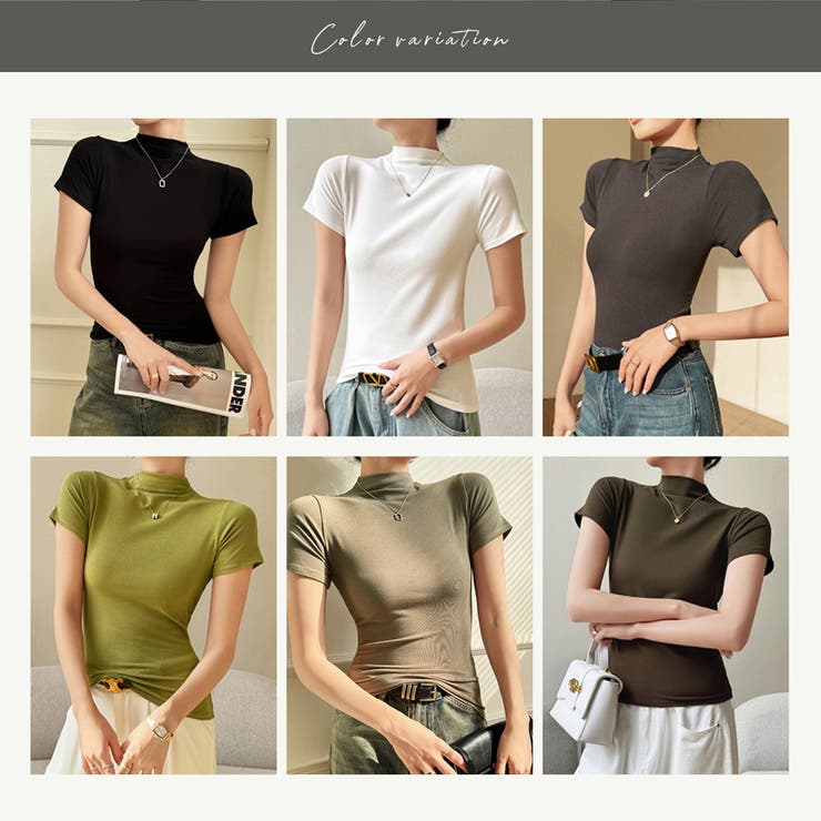 夏ハイネックタイトハイネックレディースプチハイネックボトルネック半袖春服夏服夏シャツTシャツぴったりタイト華奢見えスタイルアップシルエット伸縮吸湿きれいめベーシック