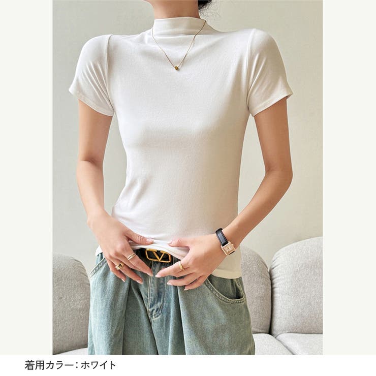 夏ハイネックタイトハイネックレディースプチハイネックボトルネック半袖春服夏服夏シャツTシャツぴったりタイト華奢見えスタイルアップシルエット伸縮吸湿きれいめベーシック