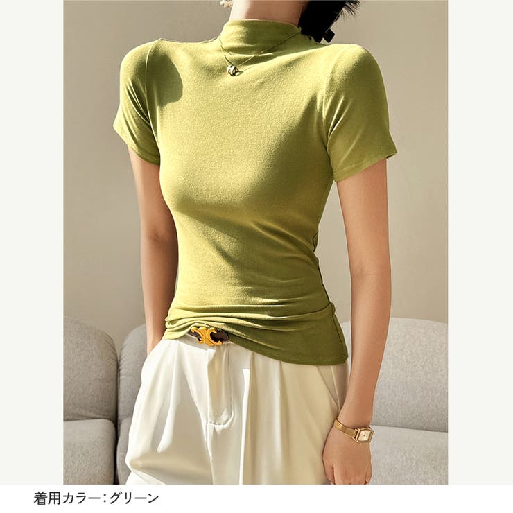 夏ハイネックタイトハイネックレディースプチハイネックボトルネック半袖春服夏服夏シャツTシャツぴったりタイト華奢見えスタイルアップシルエット伸縮吸湿きれいめベーシック