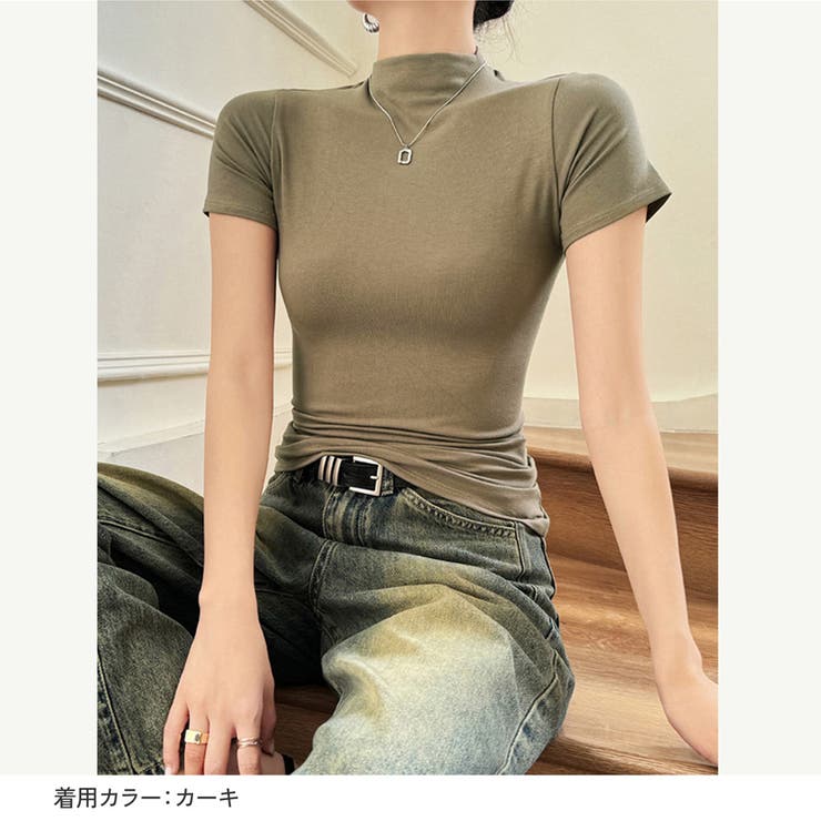 夏ハイネックタイトハイネックレディースプチハイネックボトルネック半袖春服夏服夏シャツTシャツぴったりタイト華奢見えスタイルアップシルエット伸縮吸湿きれいめベーシック
