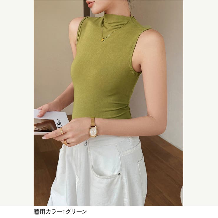 トップスレディーストップスレディースミディ丈薄手ノースリーブハイネックプチハイネックボトルネックタンクトップ春服夏服インナーぴったりタイトレイヤード華奢見えカーキ
