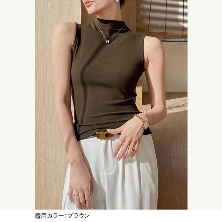トップスレディーストップスレディースミディ丈薄手ノースリーブハイネックプチハイネックボトルネックタンクトップ春服夏服インナーぴったりタイトレイヤード華奢見えカーキ