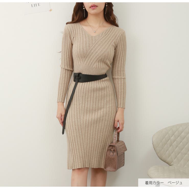 編み地切り替え ニットワンピース Vネック[品番：JCSW0001560]｜JOCOSA