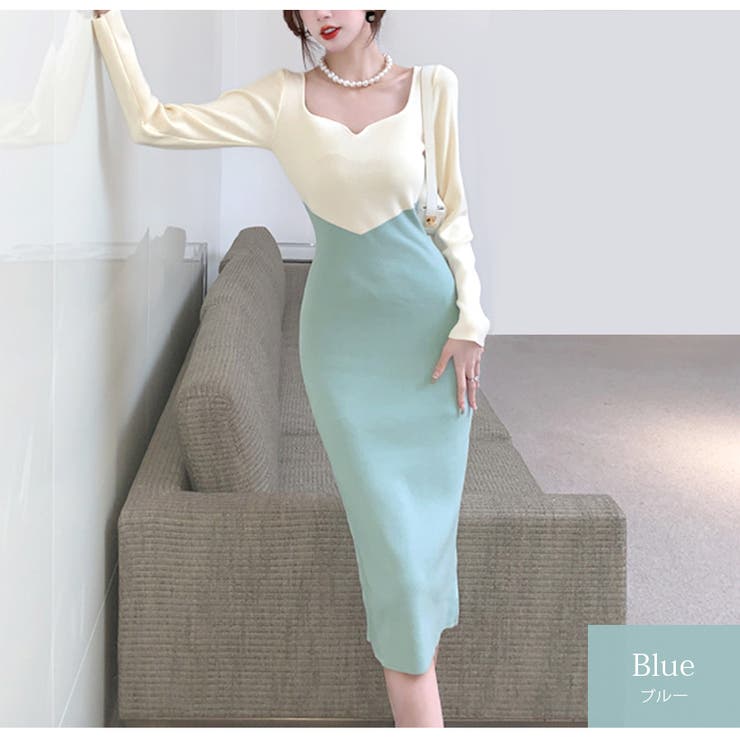 ブルー | ニットワンピース タイト バイカラー | JOCOSA