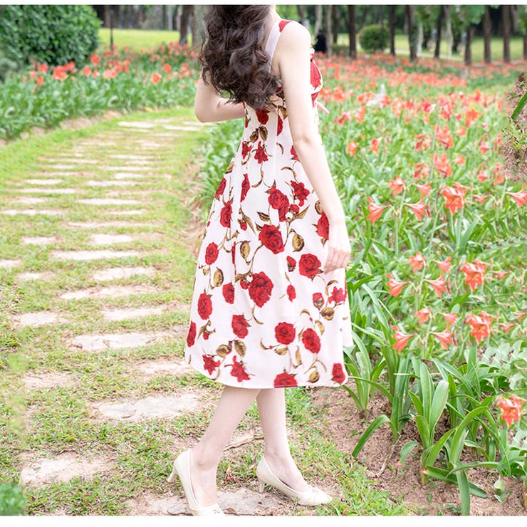 【ピンクハウス】花柄 フリル ロング キャミ ワンピース ノースリーブ 赤×緑