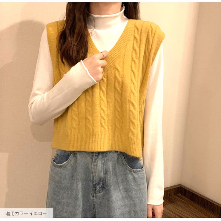 【cepo】Vネックニットトップス/セーター/イエロー/黄色/シンプル/無地 n1140_i2.jpg