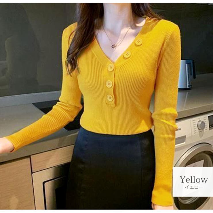 イエロー | ニットトップス 長袖 Vネック | JOCOSA