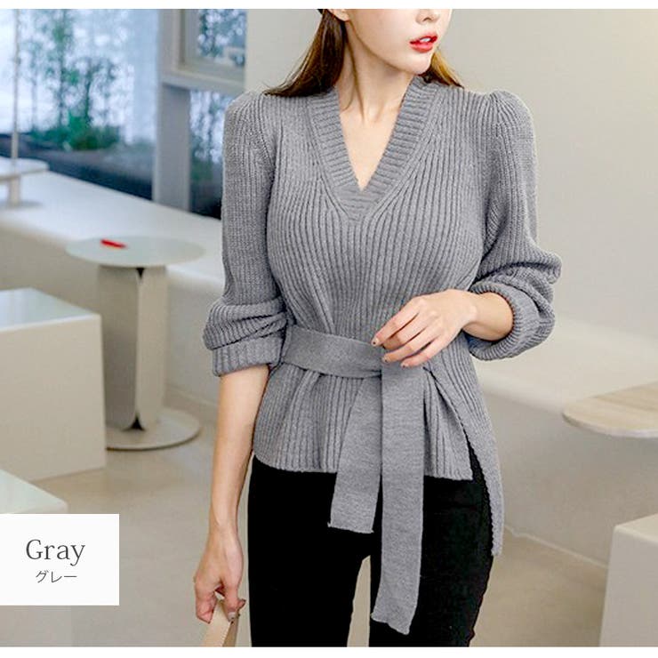 グレー | ニットトップス Vネック リボン | JOCOSA
