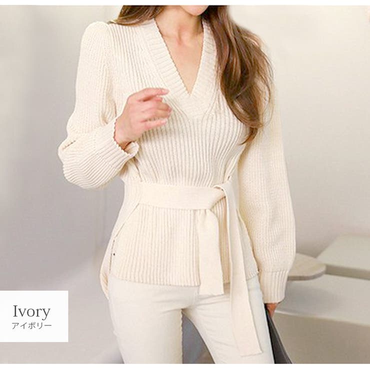 アイボリー | ニットトップス Vネック リボン | JOCOSA