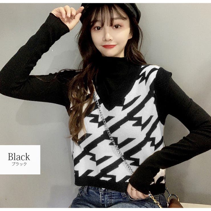 ブラック | ニットベスト 格子 トップス | JOCOSA