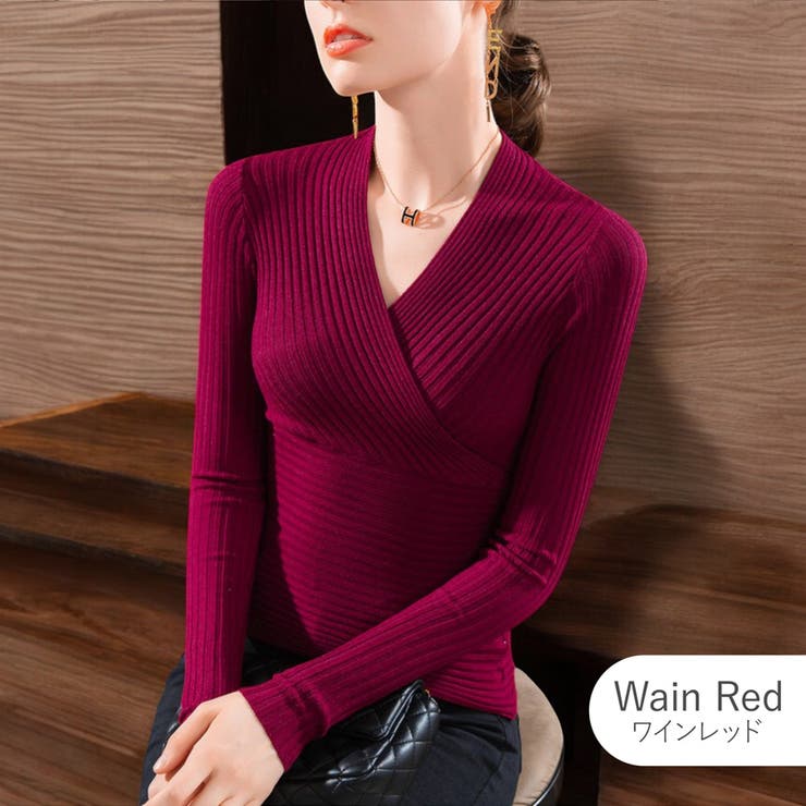 ワインレッド | ニットトップス カシュクール風 Vネック | JOCOSA
