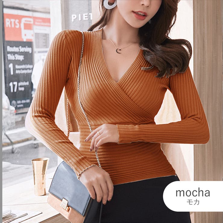 モカ | ニットトップス カシュクール風 Vネック | JOCOSA