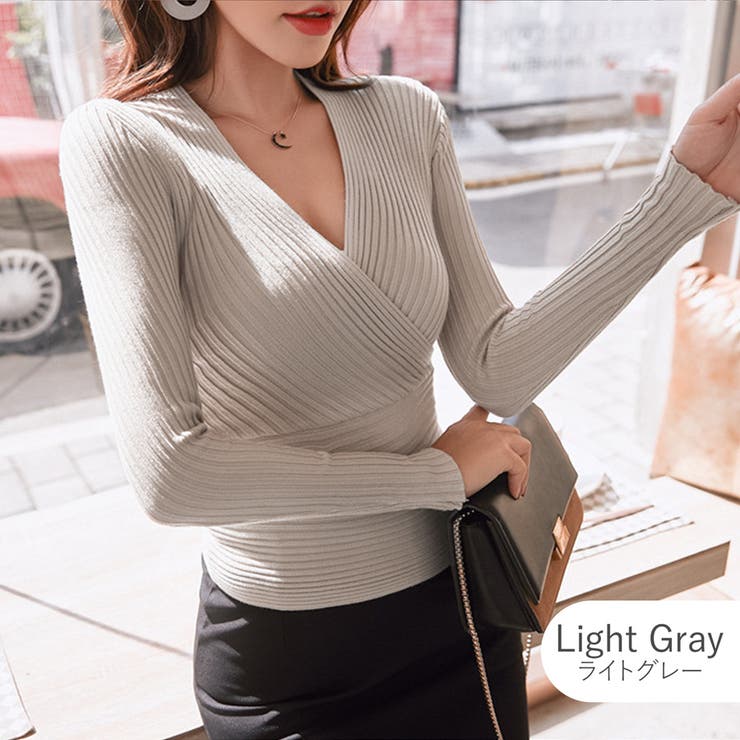 ライトグレー | ニットトップス カシュクール風 Vネック | JOCOSA