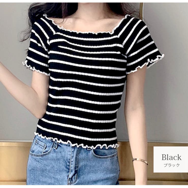 ブラック | メロウフリル ボーダー 半袖 | JOCOSA