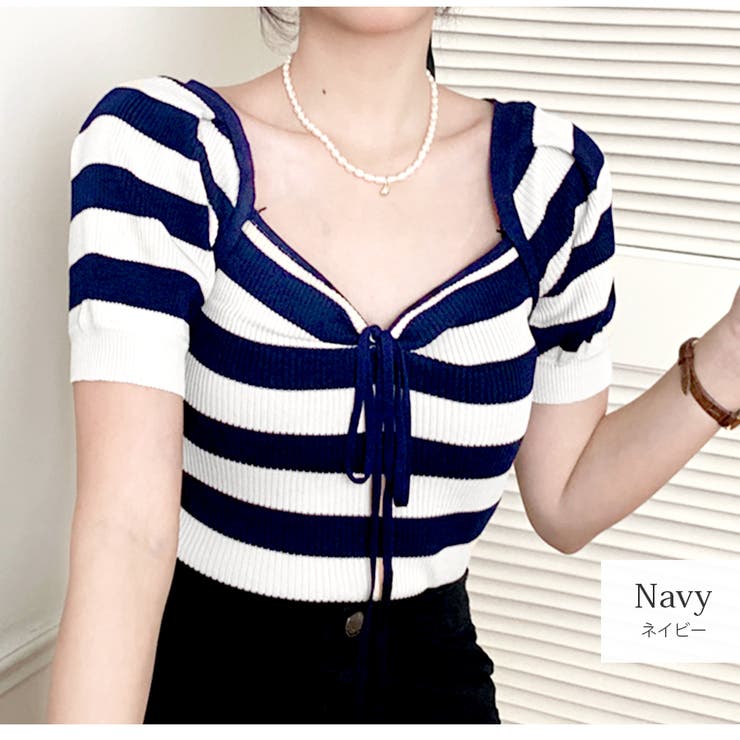 ネイビー | ニット ボーダー ショート丈 | JOCOSA