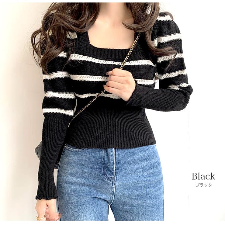 ブラック | ニット スクエアネック ボーダー | JOCOSA