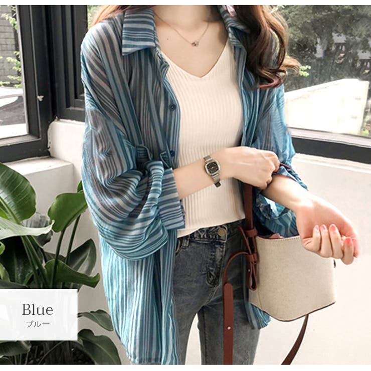 ブルー | シアーシャツ 長袖 ストライプ | JOCOSA