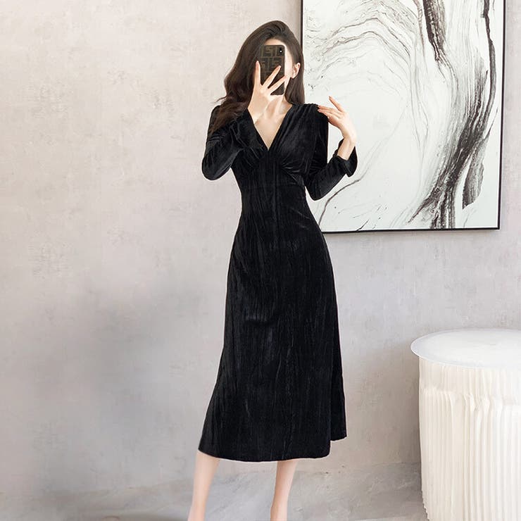 ワンピースレディース30代40代ロング丈長袖AラインVネックベロアリボン