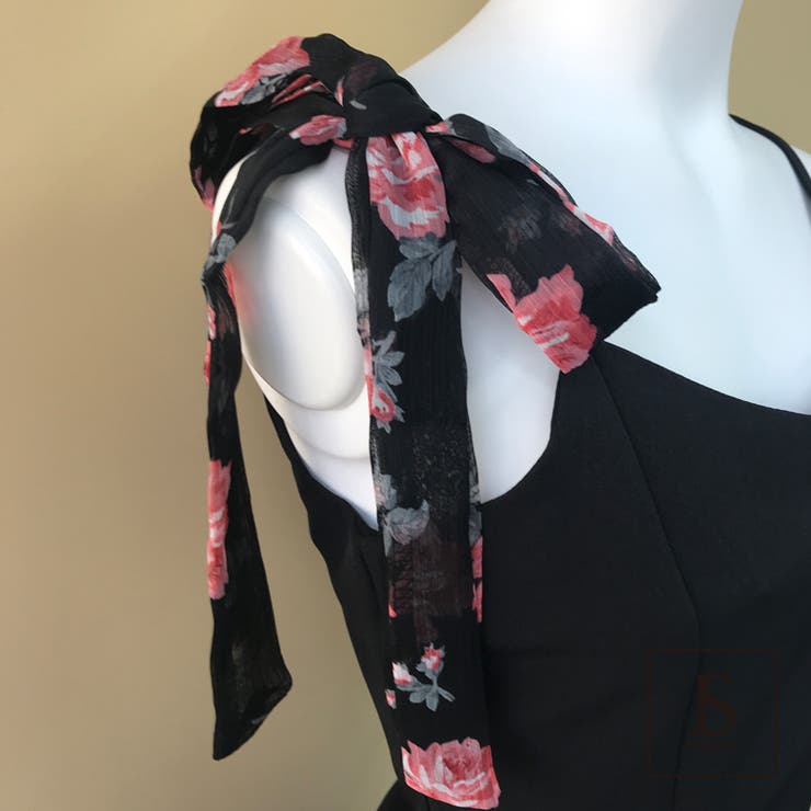 肩リボン結び ショート丈ブラックワンピース ブラックドレス