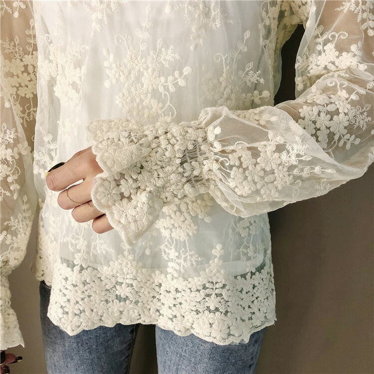 レーストップス 刺繍レース シアーブラウス[品番：JSFW0008091