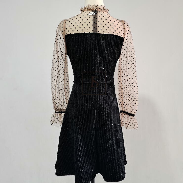パーティードレス ドット柄チュール切替 ベロアワンピース[品番