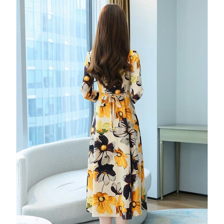 花柄ワンピース カシュクール風Vネック Aライン[品番